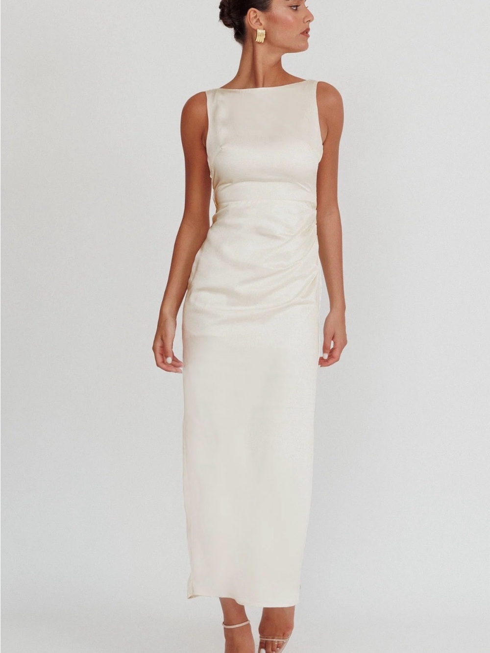 Satin Cream Maxi Dress with Boat Neck